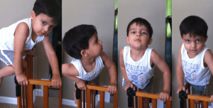 Kabir Kabir defeating our purpose of installing a security gate to guard the fireplace and TV. He used a toy box to climb and hop over the gate