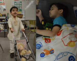 Kabir enjoying "being a daddy" at big sister's kindergarten class (left) and sleeping with his favourite bedtime toy - a truck