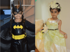 Mehar as bat girl and princess Mehar dressed as Bat Girl for Halloween in 2012 (left) and as a princess the year before (right)